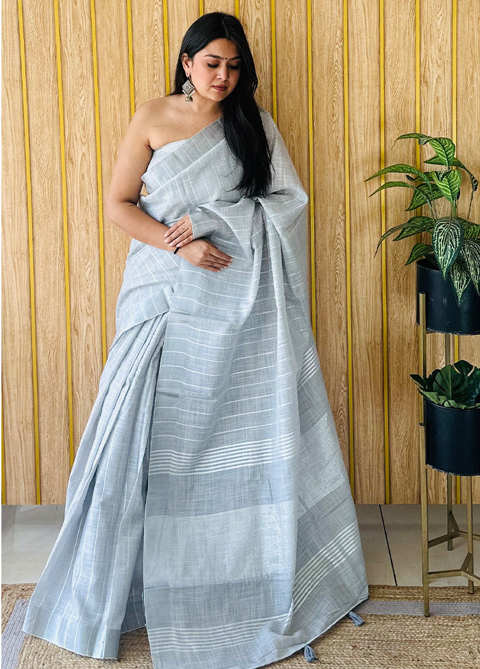 Grey Linen Silk Saree With Blouse Piece