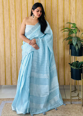 Sky Blue Linen Silk Saree With Blouse Piece