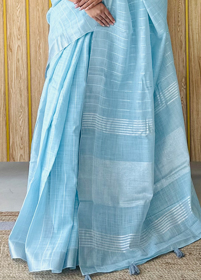 Sky Blue Linen Silk Saree With Blouse Piece