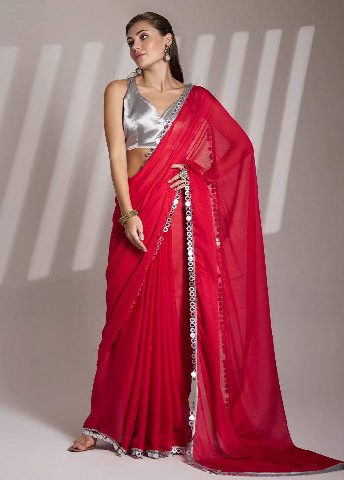 Red Satin Silk Saree With Blouse Piece