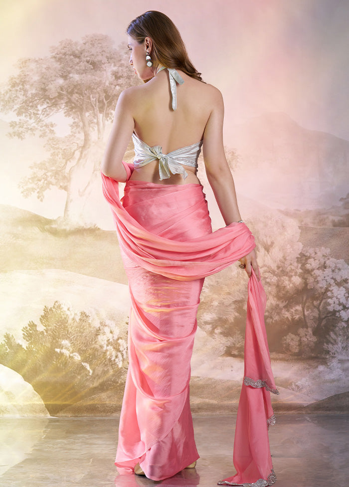 Pink Satin Silk Saree With Blouse Piece