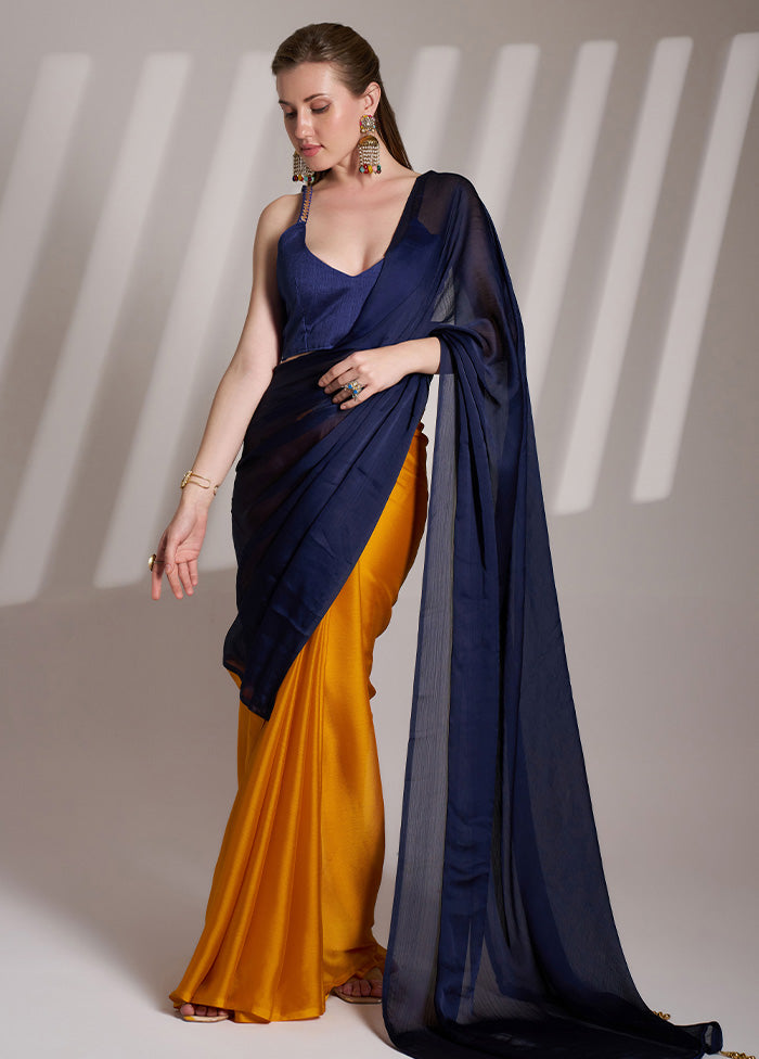 Blue Satin Silk Saree With Blouse Piece