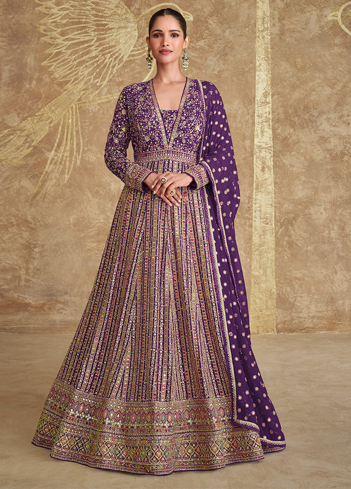 3 Pc Purple Semi Stitched Georgette Suit Set