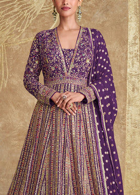 3 Pc Purple Semi Stitched Georgette Suit Set