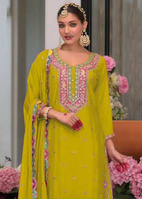 3 Pc Lemon Semi Stitched Silk Suit Set