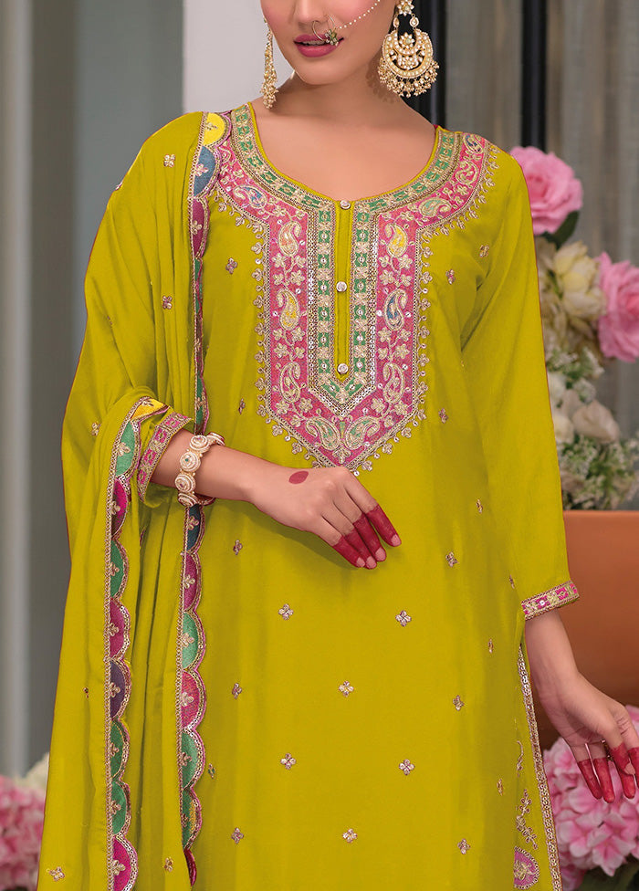 3 Pc Lemon Semi Stitched Silk Suit Set