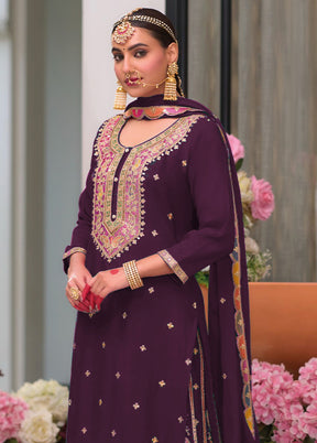 3 Pc Wine Semi Stitched Silk Suit Set