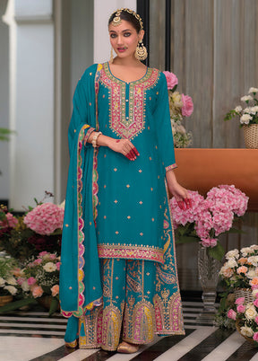 3 Pc Rama Green Semi Stitched Silk Suit Set