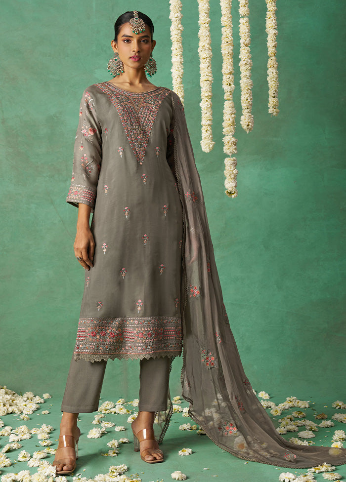 3 Pc Grey Semi Stitched Silk Suit Set