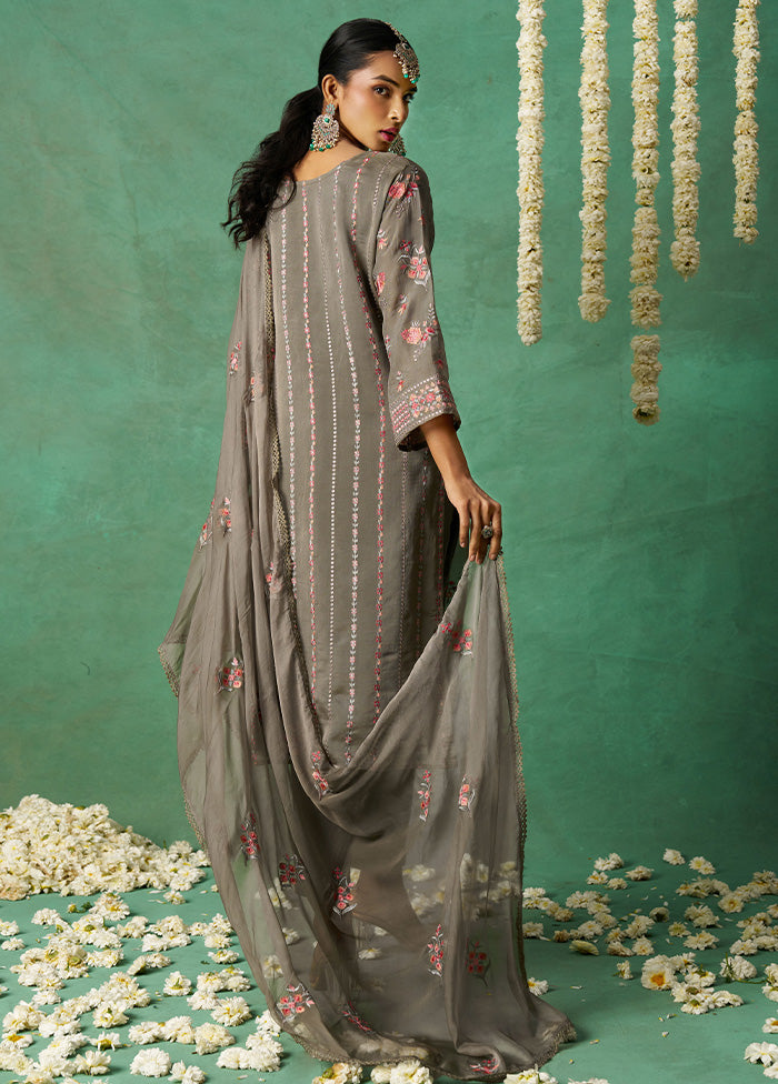 3 Pc Grey Semi Stitched Silk Suit Set