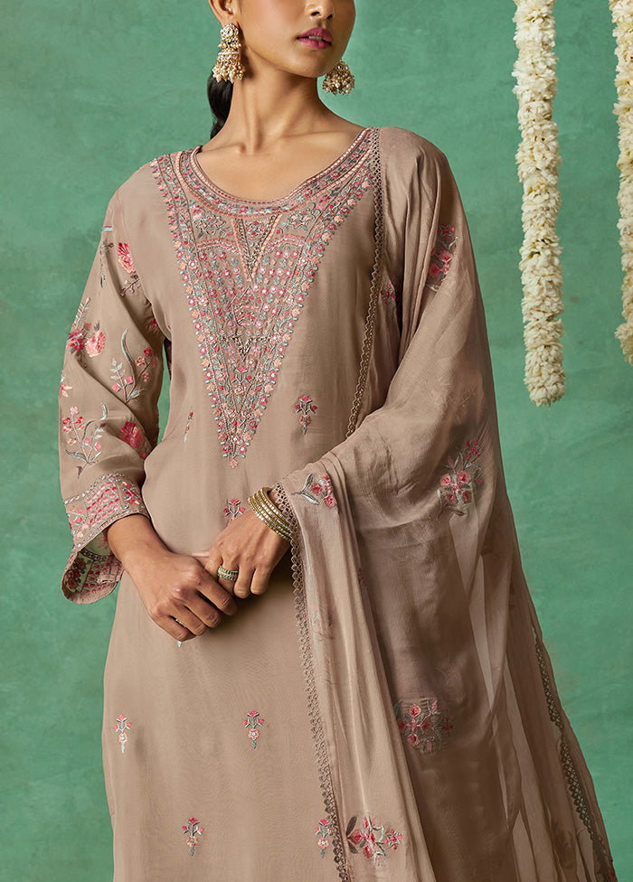 3 Pc Beige Semi Stitched Silk Suit Set