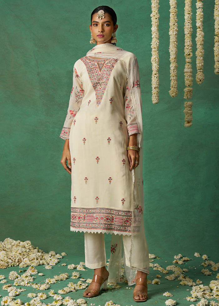 3 Pc Off White Semi Stitched Silk Suit Set