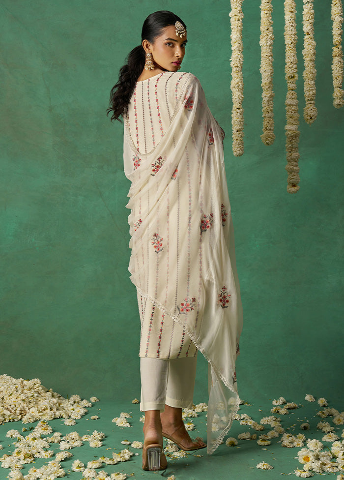 3 Pc Off White Semi Stitched Silk Suit Set