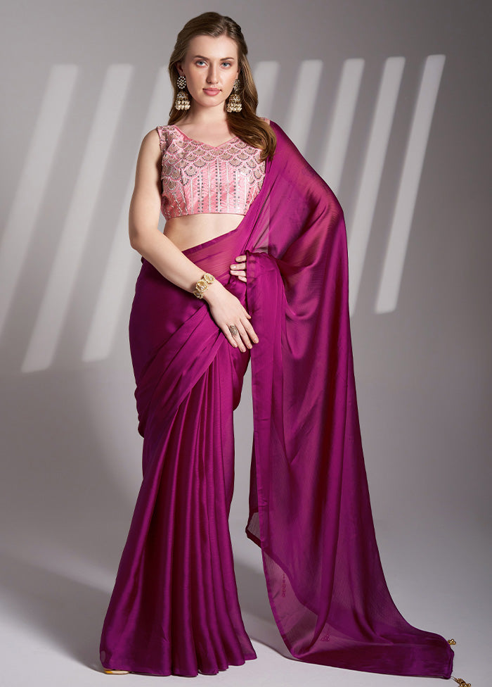 Purple Chiffon Silk Saree With Blouse Piece