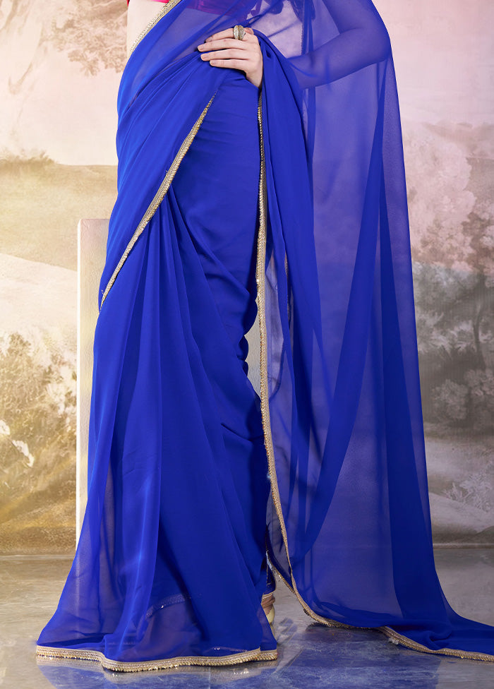 Blue Chiffon Silk Saree With Blouse Piece