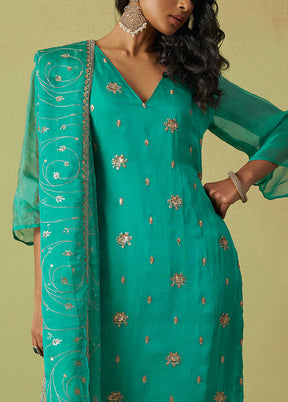 3 Pc Sea Green Semi Stitched Silk Suit Set