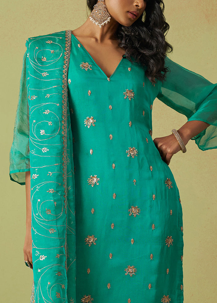 3 Pc Sea Green Semi Stitched Silk Suit Set