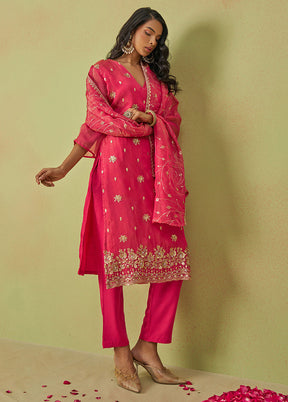 3 Pc Pink Semi Stitched Silk Suit Set