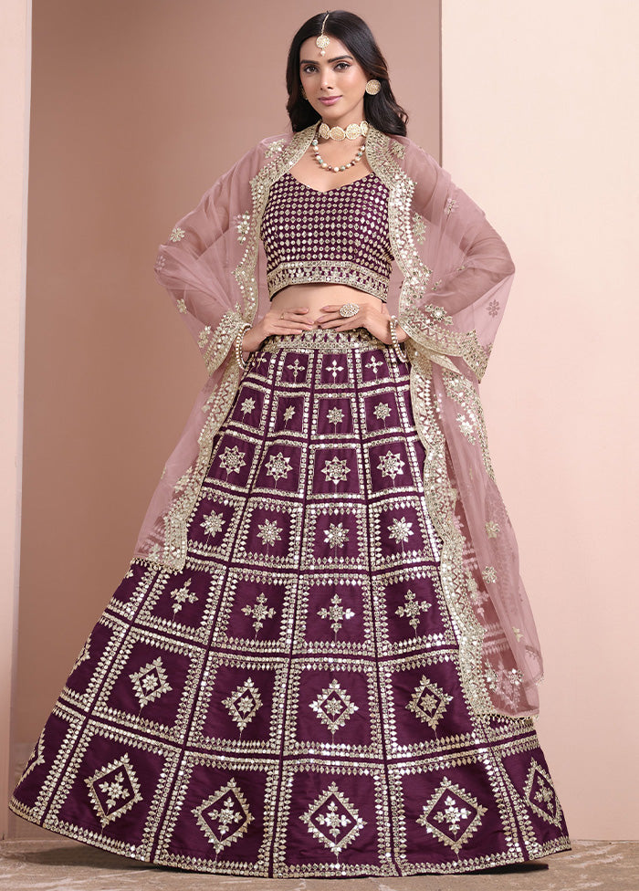 3 Pc Wine Silk Semi Stitched Lehenga Set