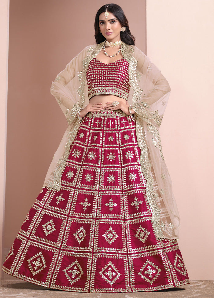 3 Pc Maroon Silk Semi Stitched Lehenga Set