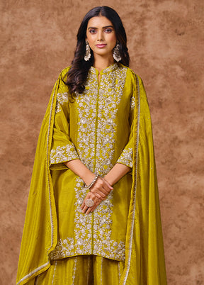 3 Pc Olive Green Semi Stitched Silk Suit Set