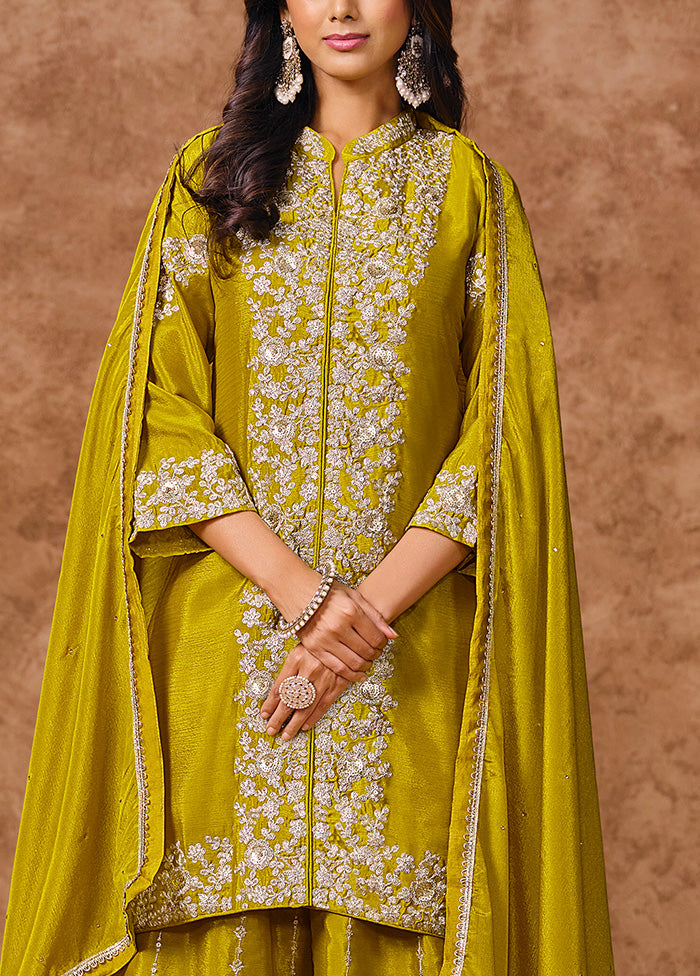 3 Pc Olive Green Semi Stitched Silk Suit Set