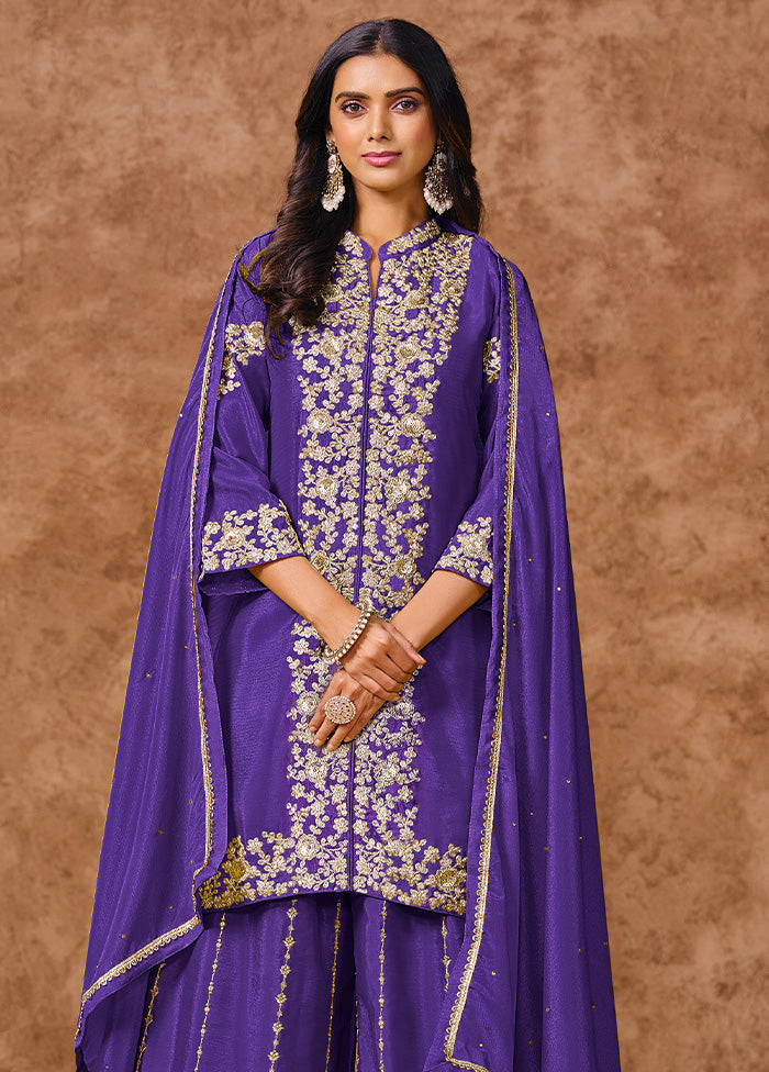 3 Pc Purple Semi Stitched Silk Suit Set