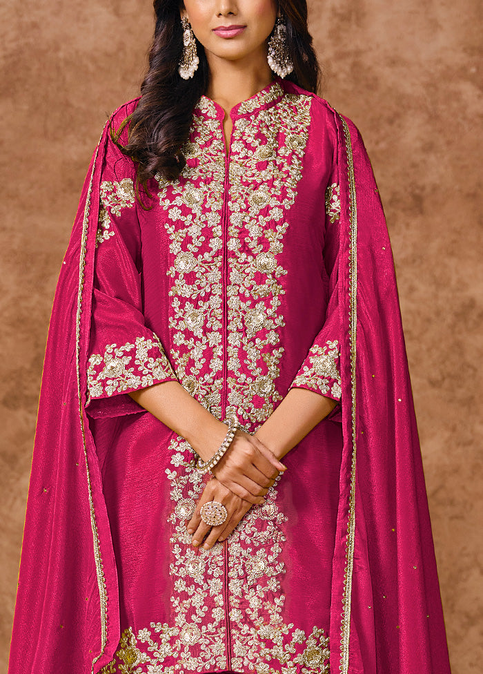 3 Pc Pink Semi Stitched Silk Suit Set