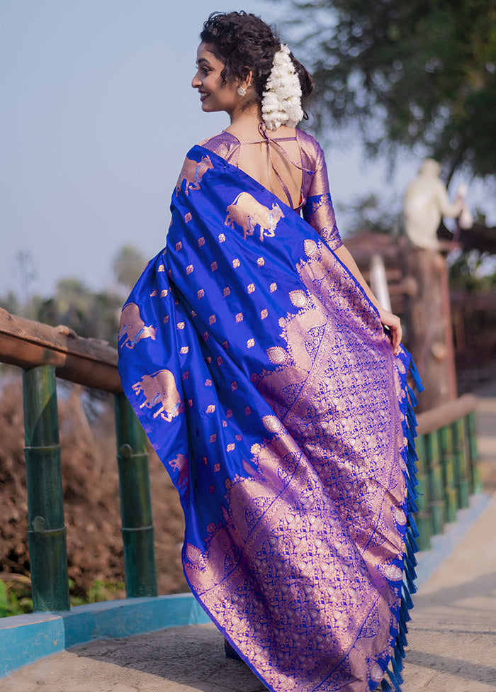 Blue Spun Silk Saree With Blouse Piece