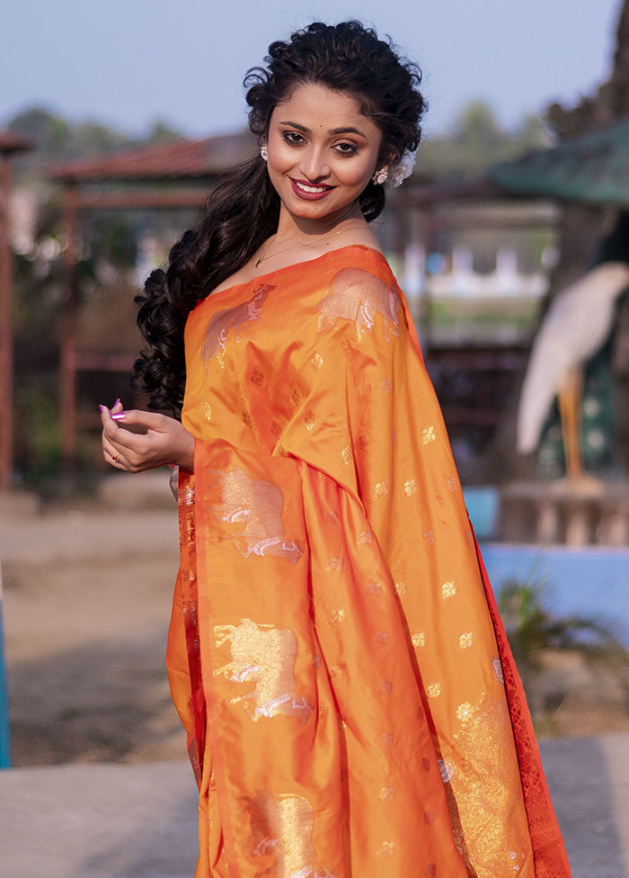 Orange Spun Silk Saree With Blouse Piece