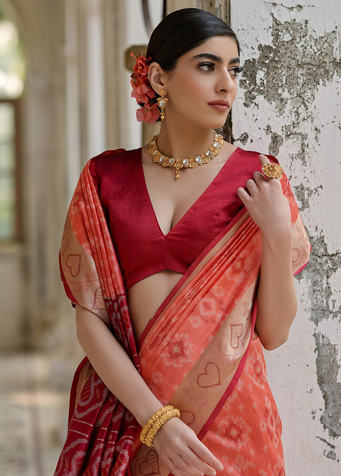 Rust Spun Silk Saree With Blouse Piece