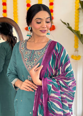 3 Pc Teal Blue Readymade Viscose Dupatta Suit Set