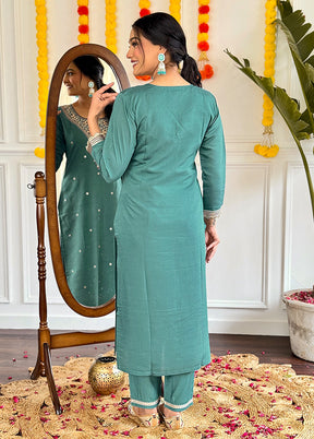 3 Pc Teal Blue Readymade Viscose Dupatta Suit Set