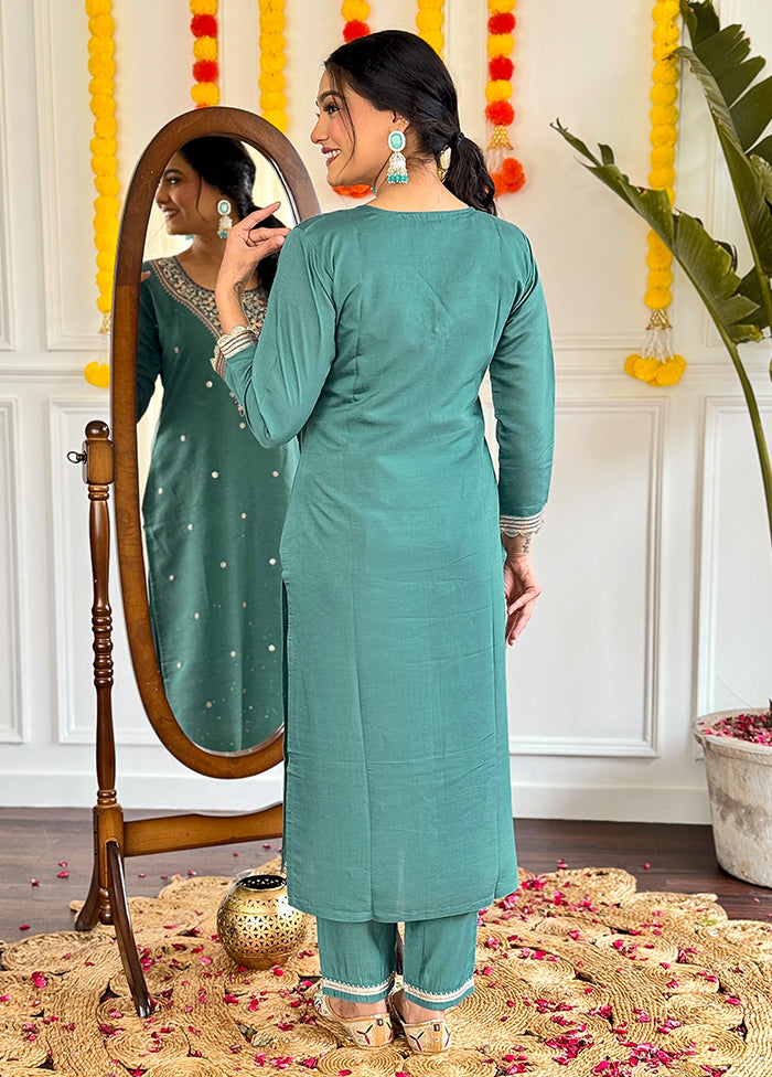 3 Pc Teal Blue Readymade Viscose Dupatta Suit Set