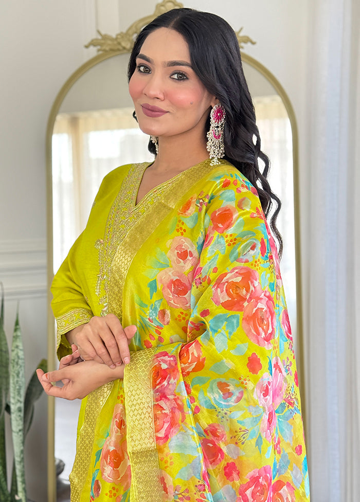3 Pc Green Readymade Viscose Dupatta Suit Set
