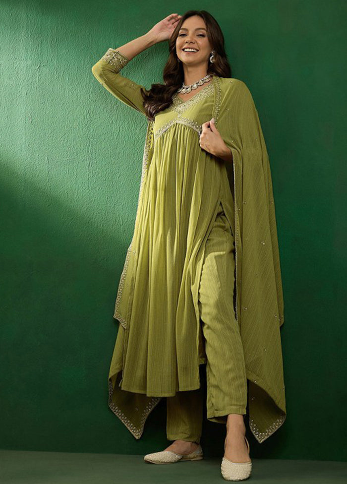 3 Pc Mehendi Readymade Georgette Dupatta Suit Set