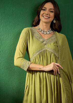 3 Pc Mehendi Readymade Georgette Dupatta Suit Set