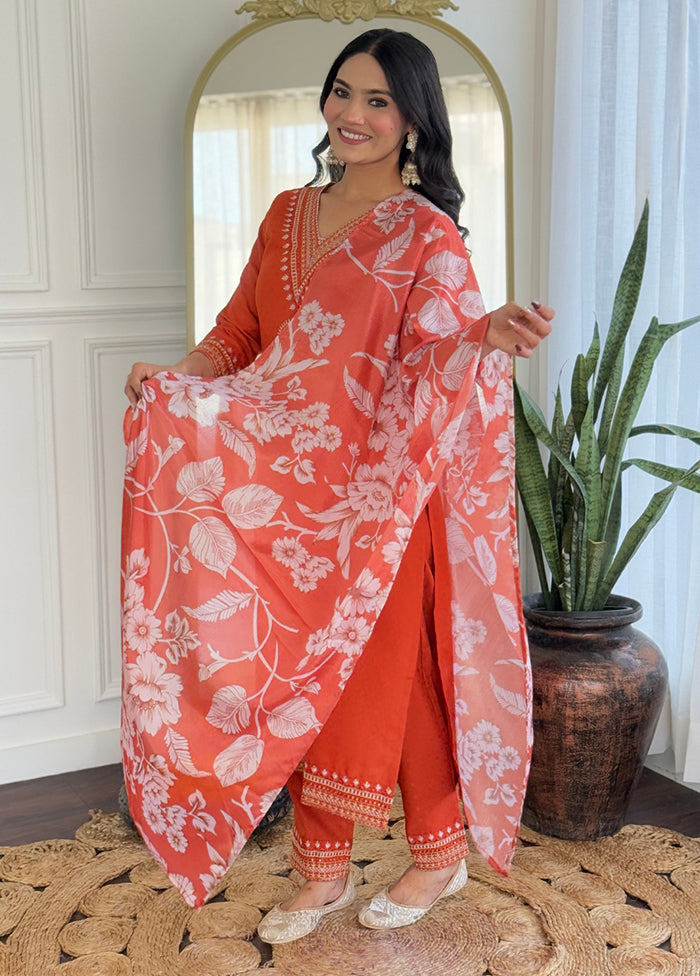 3 Pc Orange Readymade Viscose Dupatta Suit Set