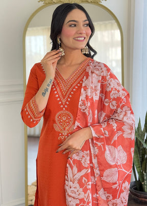 3 Pc Orange Readymade Viscose Dupatta Suit Set
