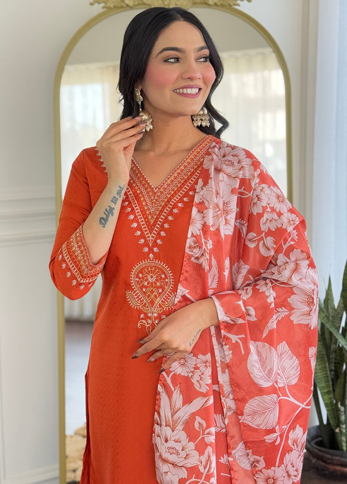 3 Pc Orange Readymade Viscose Dupatta Suit Set