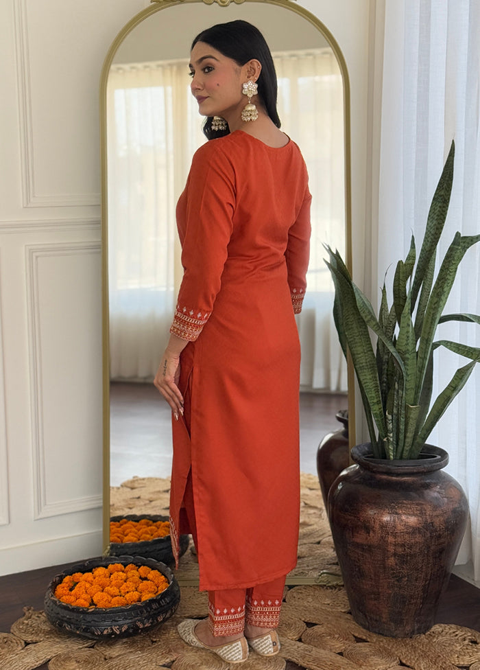 3 Pc Orange Readymade Viscose Dupatta Suit Set