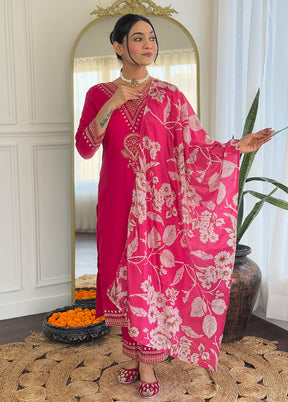 3 Pc Pink Readymade Viscose Dupatta Suit Set