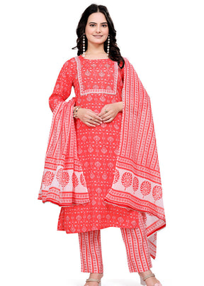 3 Pc Orange Readymade Cotton Dupatta Suit Set