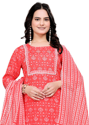 3 Pc Orange Readymade Cotton Dupatta Suit Set