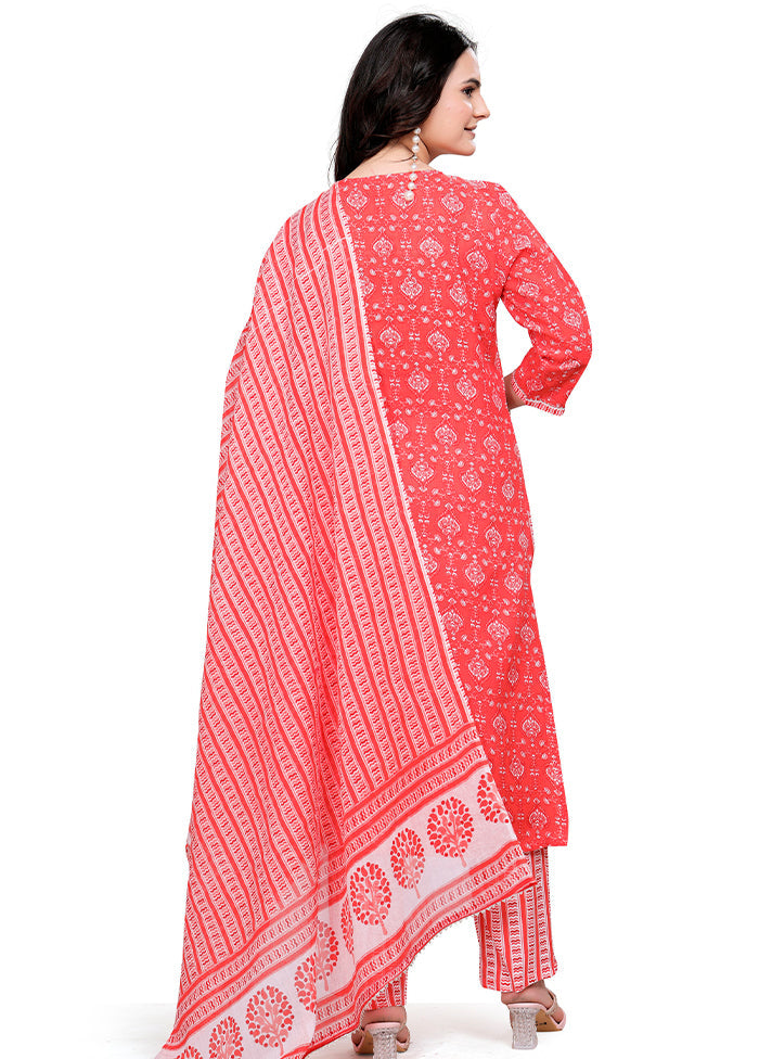 3 Pc Orange Readymade Cotton Dupatta Suit Set