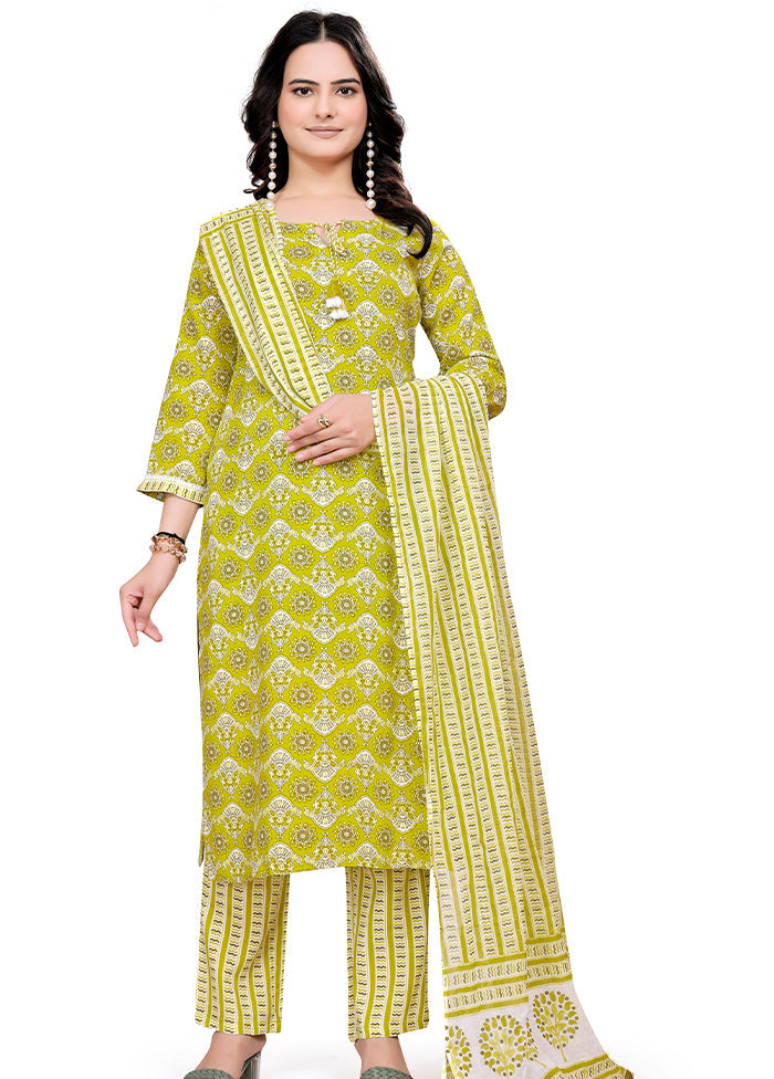 3 Pc Green Readymade Cotton Dupatta Suit Set