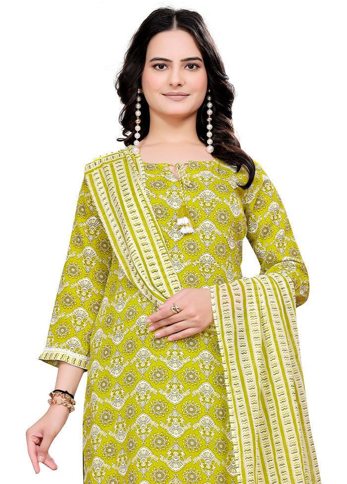 3 Pc Green Readymade Cotton Dupatta Suit Set