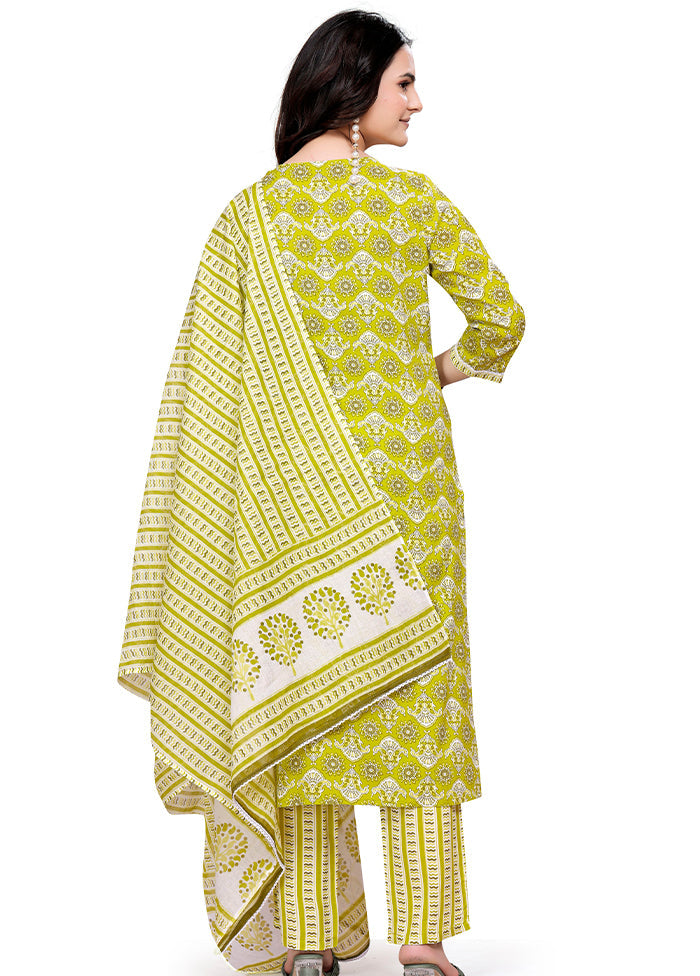 3 Pc Green Readymade Cotton Dupatta Suit Set