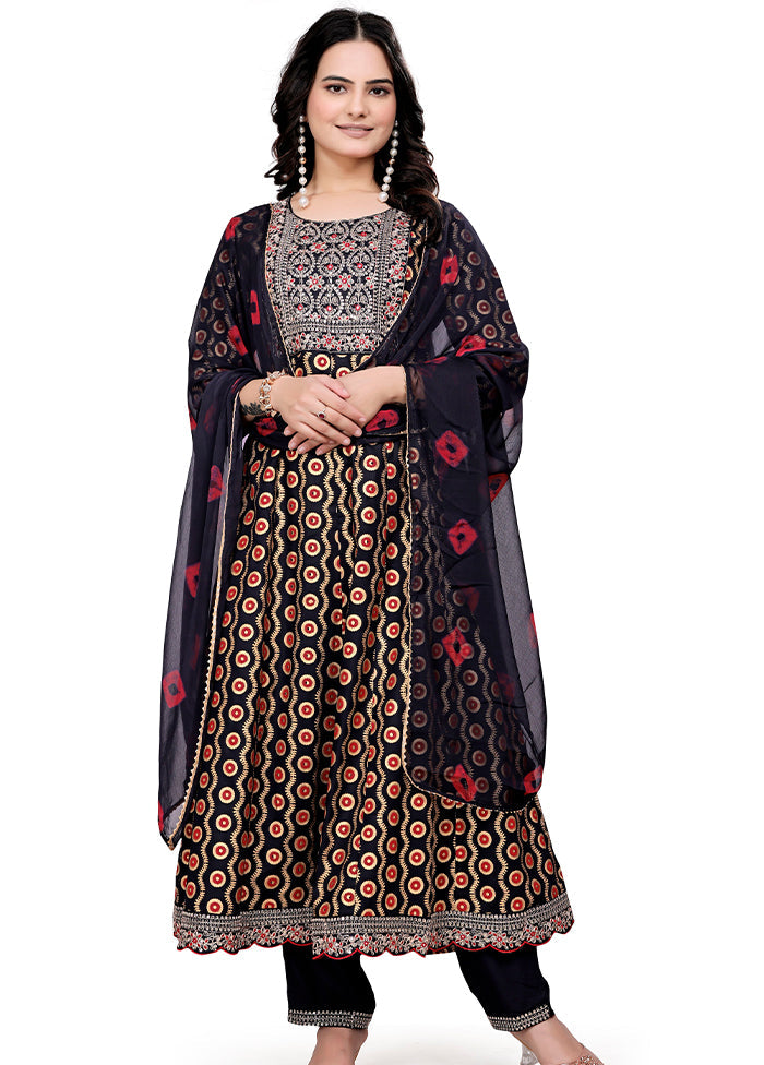 3 Pc Black Readymade Cotton Dupatta Suit Set