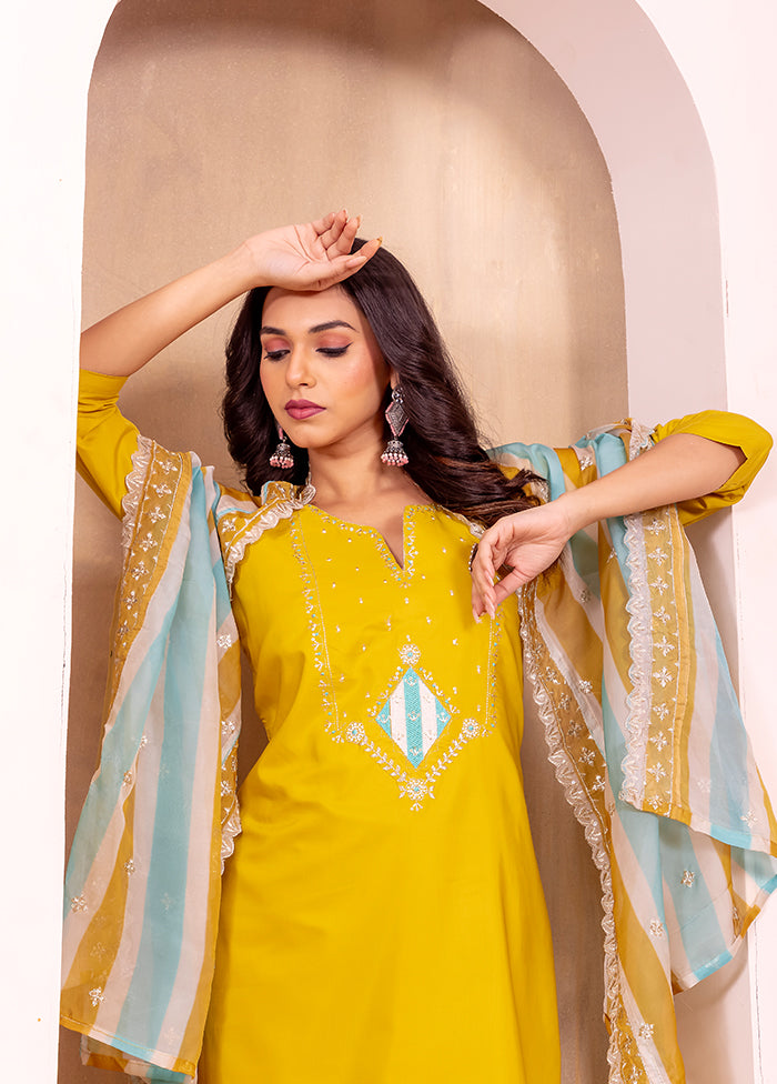 3 Pc Yellow Readymade Silk Dupatta Suit Set